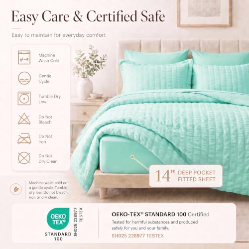 King Size Comforter Set 7 Pieces Mint Green Seersucker Bed in a Bag