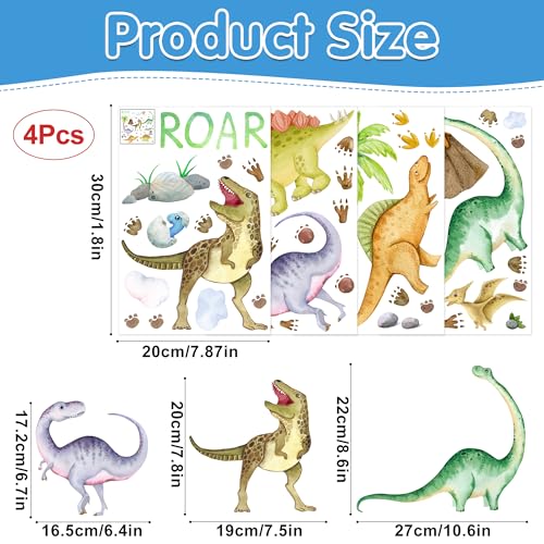 Dinosaur Wall Decals Glow in The Dark Vinyl Watercolor Dinosaur Decal Large Removable Dino Wall Stickers for Boys Bedroom Kids Girls Baby Nursery Playroom Living Room Wall Decor (4 Count)