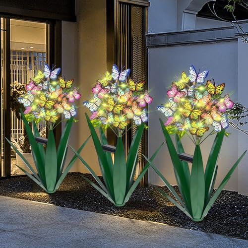 Solar Metal Agave Butterfly Flower Stick Garden Sculpture (3 Count)