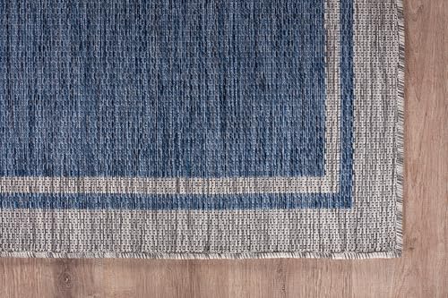 Outdoor Rug 9x12 Bordered Navy Blue Gray Modern Large Area Rugs for Indoor and Outdoor Patios (108 Sq Ft)