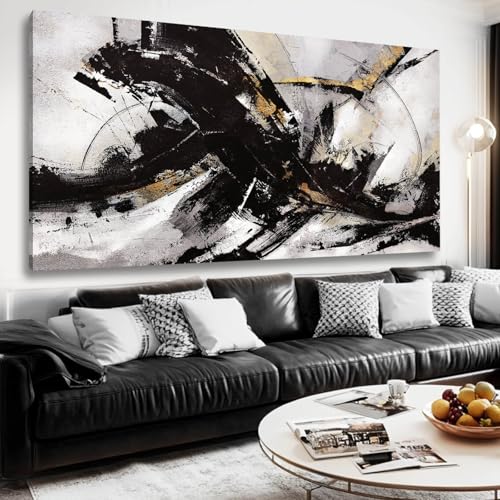 Abstract Wall Art for Living Room Canvas Wall Decor Large Artwork Black And Gold Wall Decorations Black Pictures for Wall 29"x58" (15 Count)