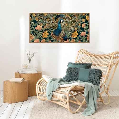 Boho Peacock Flower Framed Canvas Wall Art