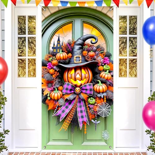Halloween Door Cover Witch Hat Boo 35x71 Inch Polyester