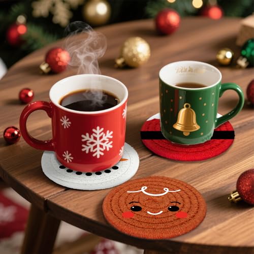 Christmas Cartoon Cotton Coasters Funny Santa Gingerbread Snowman Handmade Braided Drink Coasters Absorbent Cup Mats for Xmas Holiday Party Home Table Decor (4 Count)
