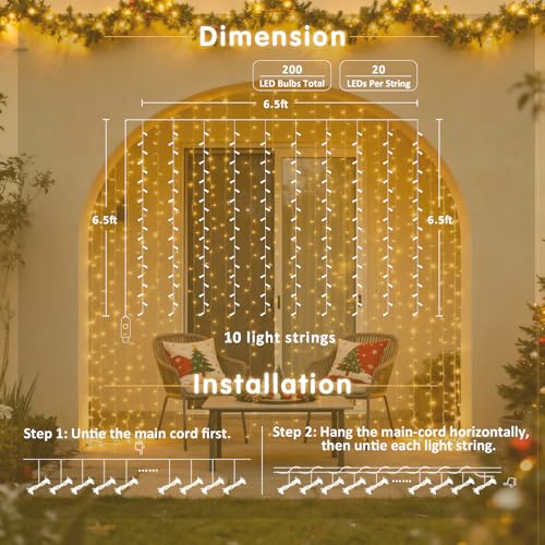 USB Plug in Curtain Lights 200 LED with 8 Modes (6.5 Foot)