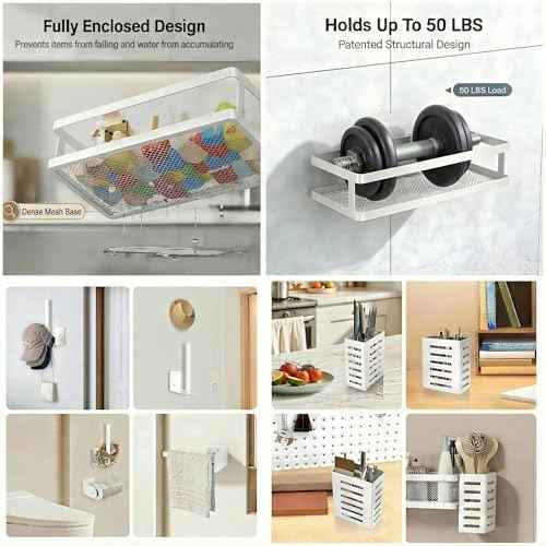 5-in-1 Shower Caddy & Kitchen Organizer Set, Wall Mount Wide Spice Rack with Paper Towel Holder, Utensil Holder, Soap Dish, Rustproof Mesh Baskets Hold 50LBS - White, Guardrail