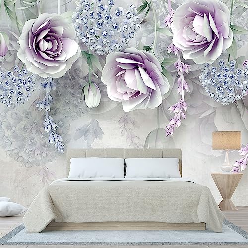 3D Floral Wallpaper Purple and Blue Roses Wall Mural for Bedroom
