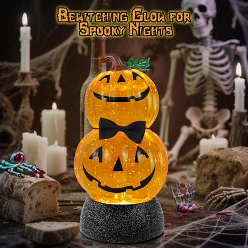 Halloween Snow Globe Lantern Lighted Pumpkin Musical Snow Globe Glitter with 6H Timer Battery and USB Operated Halloween Snow Globes Water Lantern for Spooky Festival Party Decoration