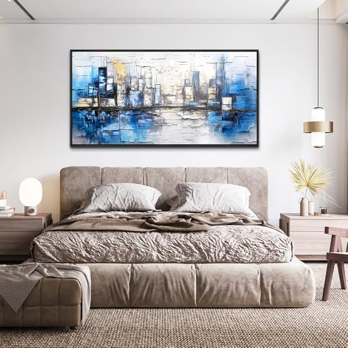 Large Black Framed Wall Decor For Living Room Canvas Wall Art For Office Modern Wall Decorations For Bedroom Blue Landscape Paintings Abstraction Pictures Artwork Home Decor 24x48 In