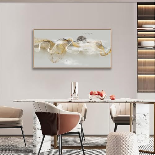 Wall Art Modern Zen Light Luxury Natural Landscape with Golden and White lines Background Wall Decor Canvas Prints for Living Room Bedroom 24x48 Inches