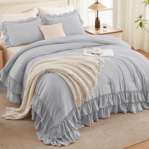 Silver Gray Twin Size Ruffle Comforter Set