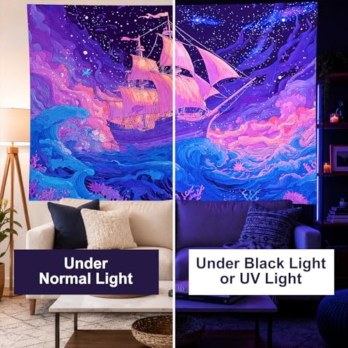 Blacklight Tapestry Ocean Ship Neon Wall Art 78 x 59 Inch