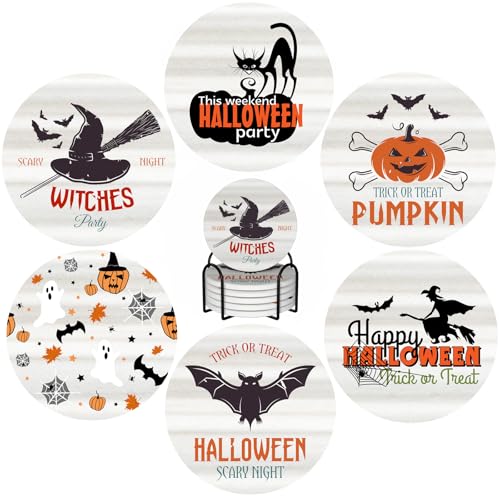 6 PCS Halloween Coasters with Metal Holder and Cork Base Ceramic Drink Coasters Absorbent Cup Mat Non