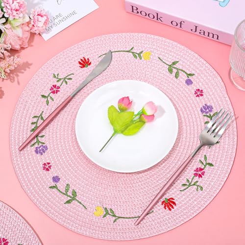 4Pcs Spring Flower Embroidered Placemats Round Place Mats Pink Floral Dinner Table Mats for Home Holiday Wedding Bridal Baby Shower Birthday Party Decor (4 Count)
