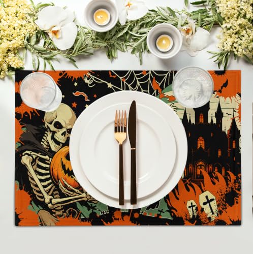Halloween Skeleton Ghost Placemats Set of 4 12x18 Inch Spooky Pumpkin Bat Table Mats Vintage Rustic Farmhouse Place Mats for Party Kitchen Dining Decor (4 Count)