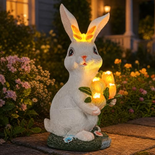 Solar Rabbit Statue Waterproof LED Flower Bouquet Garden Decor