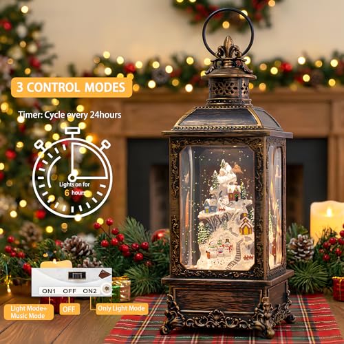 Christmas Snow Globe Lantern Musical Lighted Snow Mountain Snowman Village Water Lantern with Swirling Glitter Decoration for Christmas Home