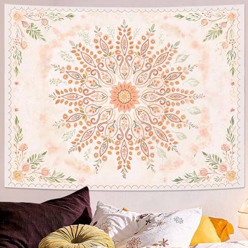 Floral Mandala Tapestry Boho Tapestry for Bedroom Peach Tapestries Wall Hanging Living Room Wall Art and Home Decor 70x90