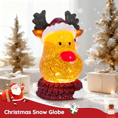 Christmas Snow Globe Reindeer Lighted Musical Glitter Globe Battery Operated or USB Powered with Timer Water Glittering Snowing Globe for Christmas Party Home Table Decorations Gifts