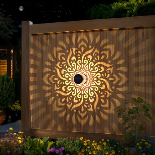 2 Pack Large Solar Fence Lights Metal Solar Powered Outdoor Wall Deck Step Lights Mandala Theme Waterproof Fence Light for Garden Post Patio Backyard Yard Decor (2 Count)