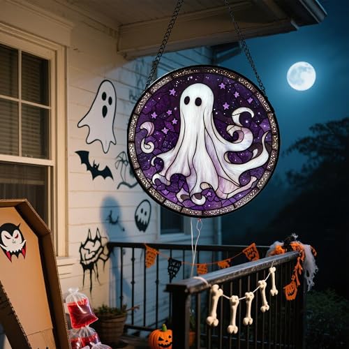 Halloween Purple Ghost Stained Glass Window Hanging Suncatcher Gifts 6.3"