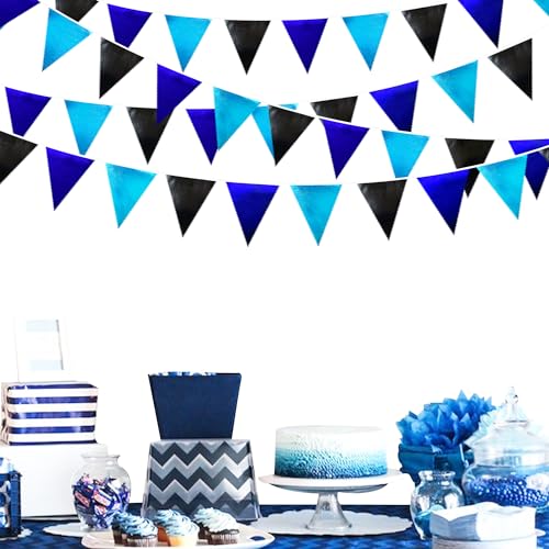 Black Blue Party Decorations Metallic Fabric Triangle Pennant Banner Flag Bunting Garland for Video Game Nautical Birthday Graduations Retirement Wedding Bachelorette Outdoor Holiday Party Supplies (32 Foot)