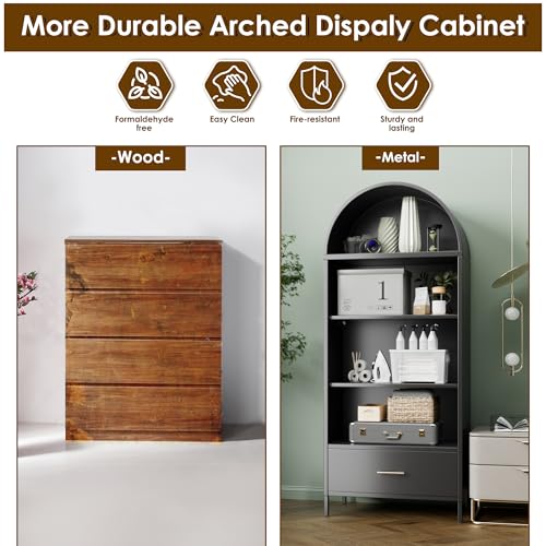 Metal Arched Bookcase with Drawer and 2 Adjustable Shelves