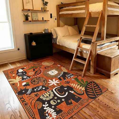5x7 Cute Area Rug Kids Washable Fun Rug Terracotta Boho Jungle Mat (35 Sq Ft)