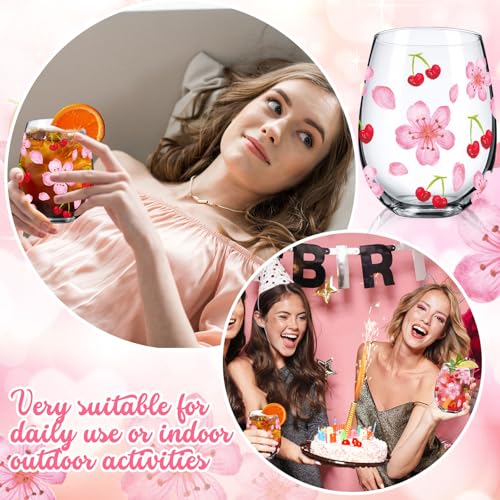2 Pack 17oz Cherry Blossom Stemless Wine Glasses Cherry and Flower Drinking Glasses Floral Tumbler Cups for Women Wedding Birthday Gift Parties Supplies (2 Count)
