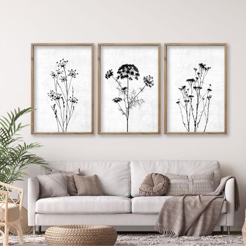 Flower Plant Wall Art Decor 16"x11" Set of 3 Black And White