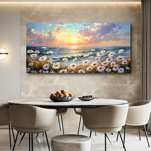 Large Wall Decor Canvas Painting Wall Art For Living Room Dining Room Bedroom Landscape Decor White Flowers Beach with waves Painting Print Artwork Picture Home Decor Aesthetics 24x48 In