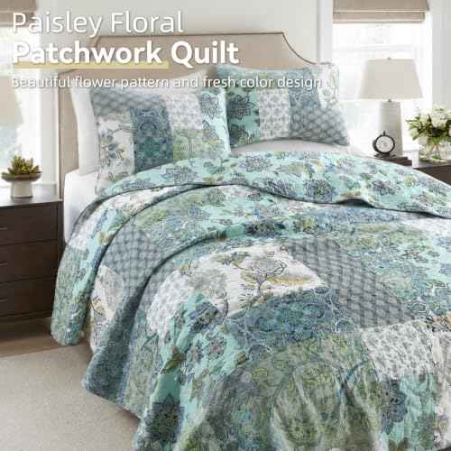 3 Piece Quilt Set King Size Patchwork Paisley Turquoise Floral