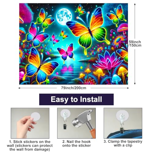 Blacklight Tapestry Butterfly Floral UV Backdrop 78 x 59 Inch