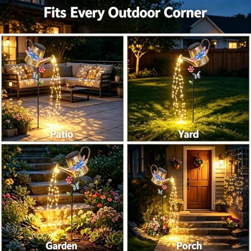 Solar Watering Can Lights with Dragonfly Outdoor Garden Stake Light Decor