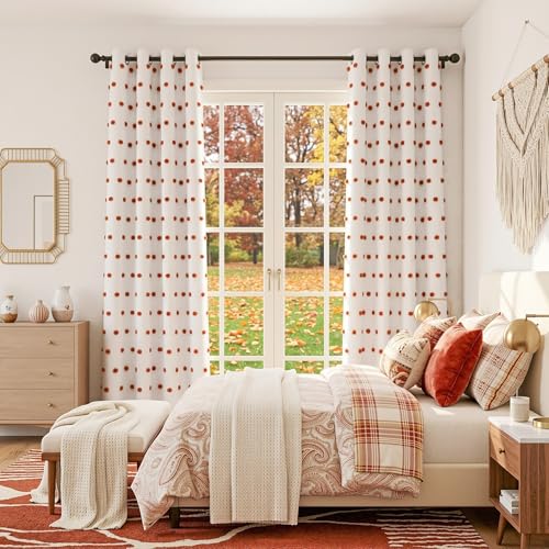 Boho Blackout Curtains for Bedroom with Brick Red Pom Pom Sheer 90 Inch Long 100% Room Darkening Thermal Insulated Curtain for Kids Nursery Living Room Grommet 50" x 90"