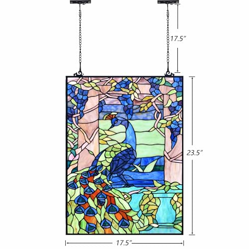 W10095 Blue Peacock Tiffany Style Stained Glass Window Panel