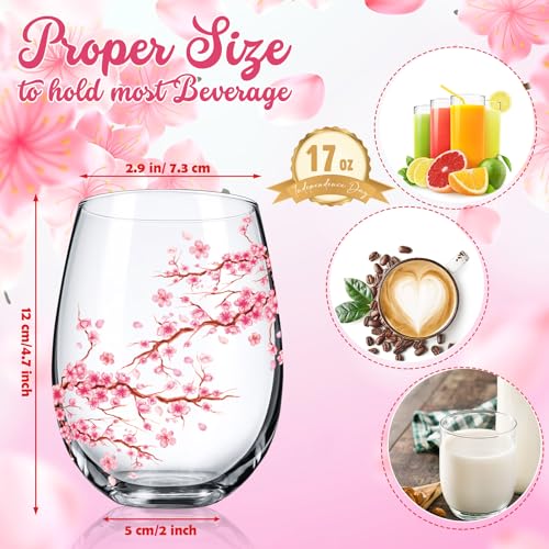 2 Pack 17oz Cherry Blossom Stemless Wine Glasses Floral Drinking Glasses Cherry Blossom Tumbler Cups for Wedding Birthday Gift Parties Supplies (2 Count)