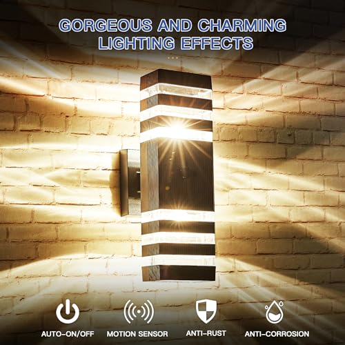 2 Pack Motion Sensor Outdoor Wall Light Fixture Up Down Porch Lights Modern Dusk to Dawn Exterior Sconce Light Wall Mount Outside Coach Lantern for House Front Door Garage (2 Count)