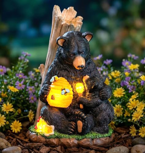 Solar Bear Garden Statue with Glowing Beehive & Cub