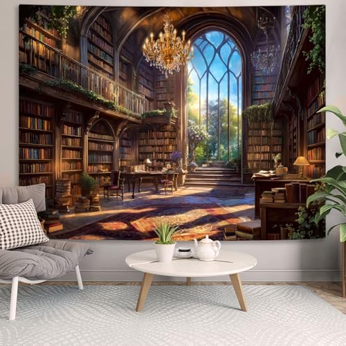 Vintage Library Tapestry Medieval Bookshelf Tapestries Wall Hanging Fantasy Academia Hall Book Backdrop Small Tapestry for Bedroom Living Room Dorm Classroom 60 x 44 inch