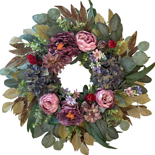 24in Spring Front Door Wreath Pink Peony Blue Hydrangea Decor
