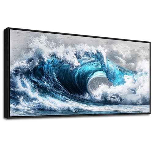 Large Canvas Blue Wave Paintings Wall Art For Living Room Wall Decoration For Bedroom Ocean Wall Pictures Printing Office Decorations Posters Modern Home Decor Black Framed 30x60 In
