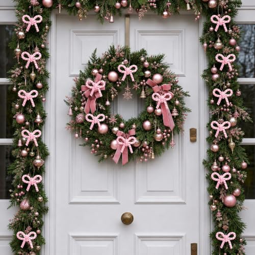 32 Pcs Pink White Bow Candy Cane Hanging Ornaments Christmas Tree Decor (32 Count)
