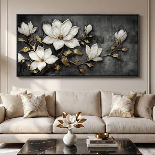 Large Framed Black and White Floral Wall Art for Living Room