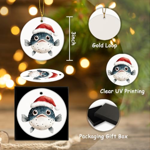 Funny Santa Pufferfish Christmas Ceramic Ornament