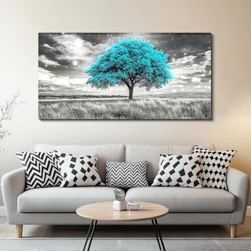 Blue Tree Wall Artist Decorated Painting Full Of Stars Black And White Oil Painting Modern Print Canvas Aesthetics Living Room Decoration Bedroom Bathroom Office Wall Decoration 24 X 48 In