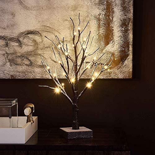 Pre Lit Tabletop Snow Dusted Tree with Timer 24LED 18IN Battery Operated for Christmas Valentine Party Decoration 2 Set