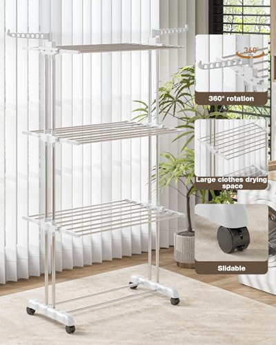 Clothes Drying Rack Folding with Wheels Drying Rack Clothing Clothes Horses Rack Stainless Steel Laundry Drying Rack with Two Side Wings 4 Tier Grey White