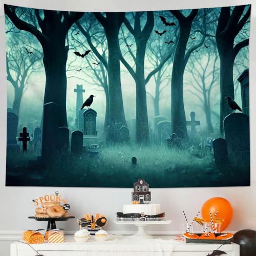 Halloween Forest Tapestry Spooky Cemetery Bat Wall Decor 60Wx40L Inch