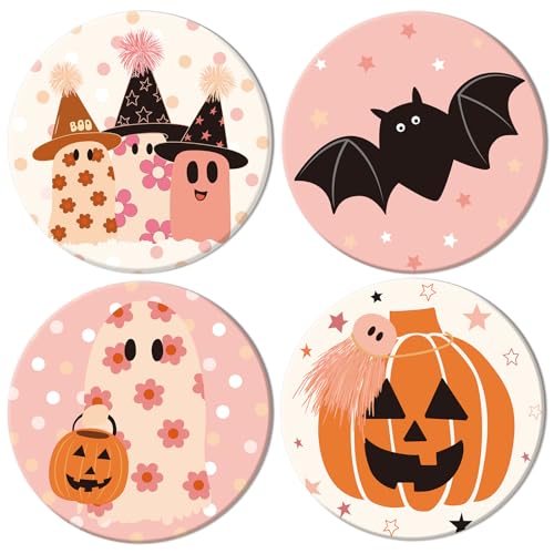 4Pcs Halloween Coasters Pink Ghost Bat Pumpkin Ceramic Coasters Absorbent Cup Mat for Home Kitchen Office Party Table Decor (4 Count)
